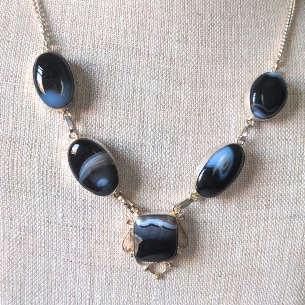 New Black Agate Sterling Silver Necklace.  Blue & Gray Banding .Handcrafted 20"